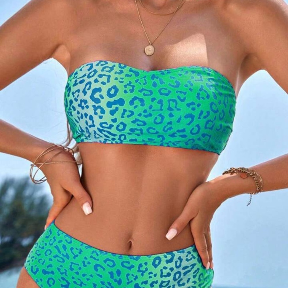 Shein Women’s Leopard Print Bandeau Bikini Set Sz M/L NEW